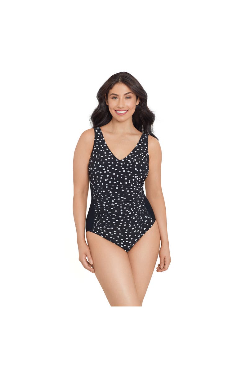 Trimshaper Jean Ruching One-Piece Control Swimsuit, Main, color, Cosmic Dots