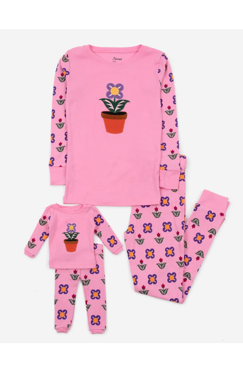 Leveret Girls 2-pc. Cotton Pajamas with Matching Doll Accessory - Spring & Everyday Prints, Main, color, Flower Pot Pink