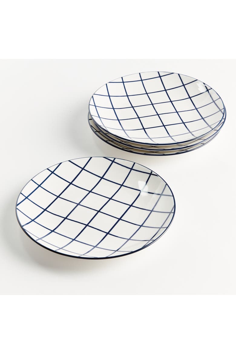 Stria Dark Blue & White Checkered Porcelain Ceramic Set of 4 Plates 8.5", Alternate, color, Blue