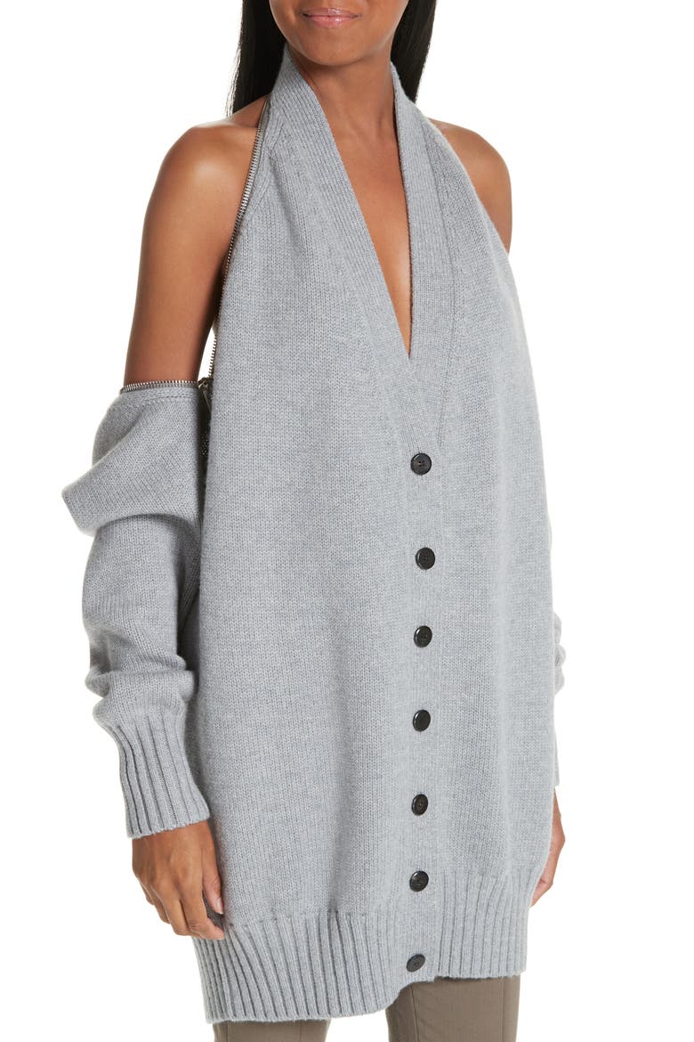 Zip Shoulder Merino Wool Cardigan, Alternate, color, HEATHER GREY