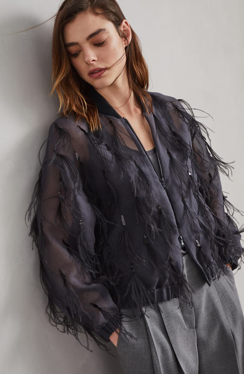 Brunello Cucinelli Crispy silk bomber jacket with dazzling feather embroidery, Alternate, color, 