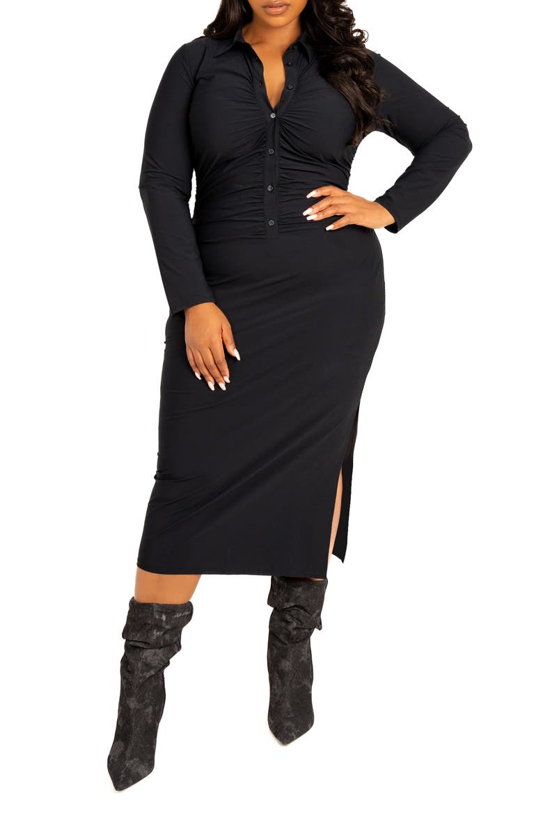 Ruched Long Sleeve Body-Con Shirtdress, Main, color, BLACK