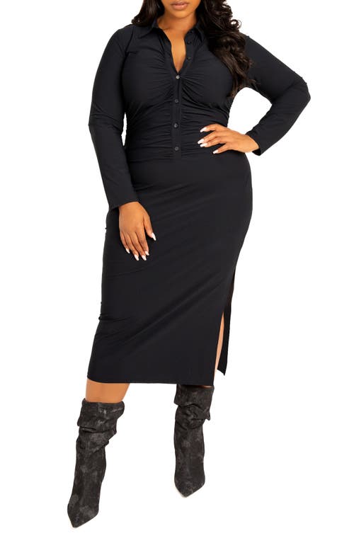 Buxom Couture Ruched Long Sleeve Body-con Shirtdress In Black