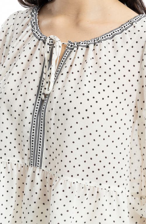 Max Studio Polka Dot Tie Neck Top In Ecru/black Hand Drawn Dot