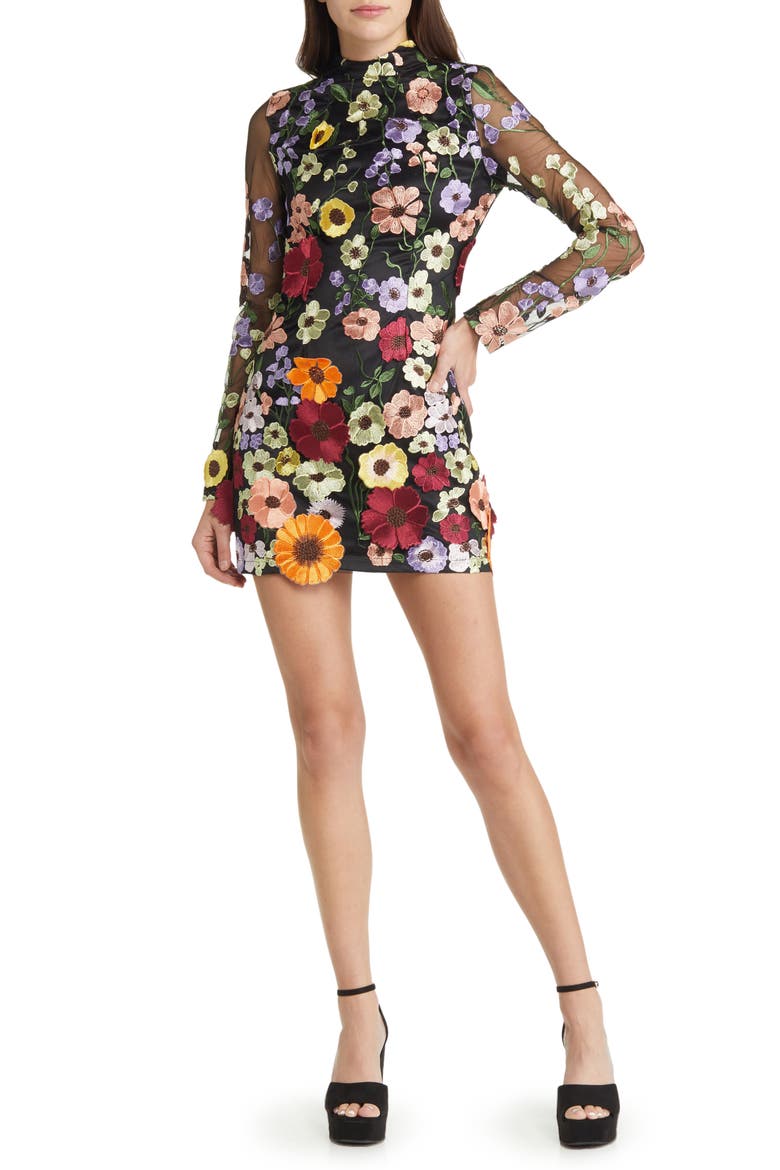 Floral Open Back Mock Neck Long Sleeve Minidress, Main, color, BLACK
