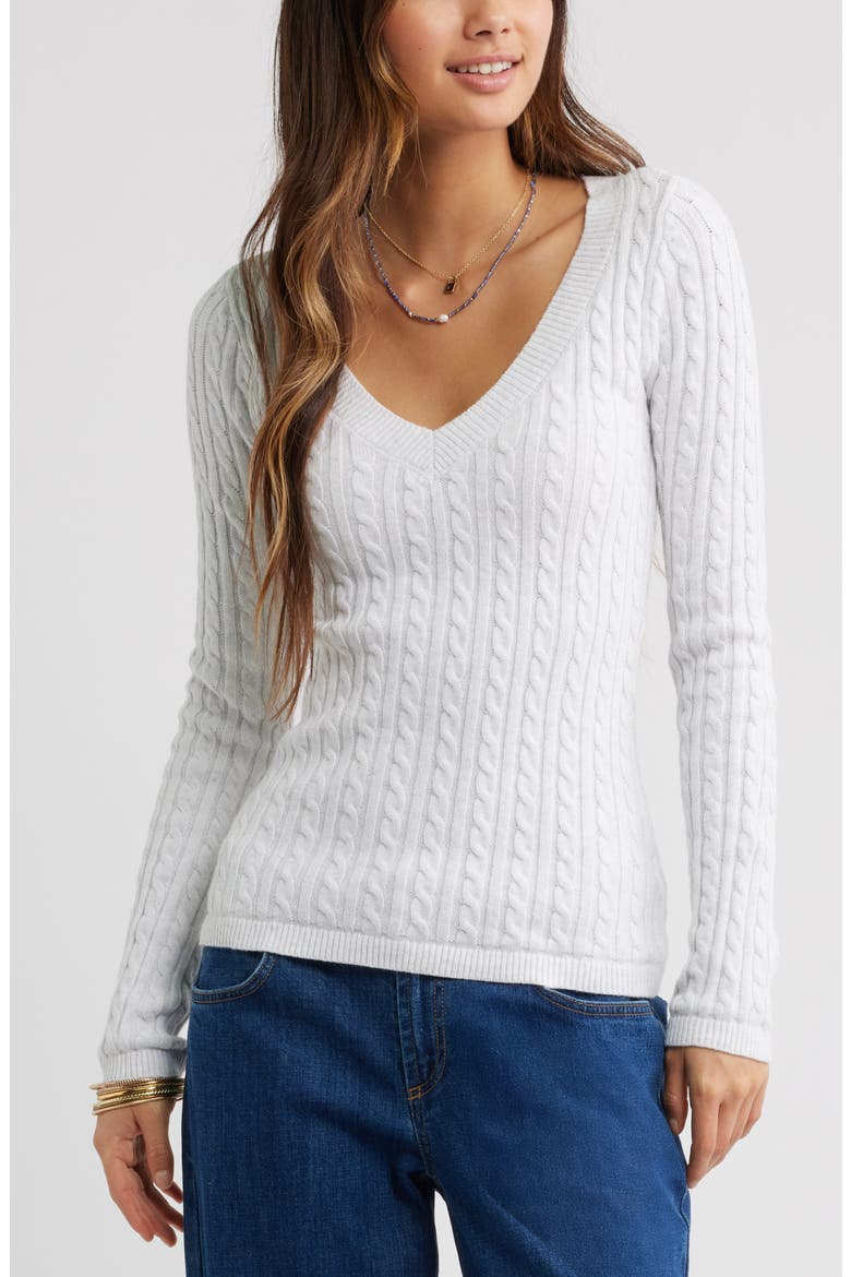 Cable Stitch V-Neck Sweater, Main, color, GREY FOG HEATHER