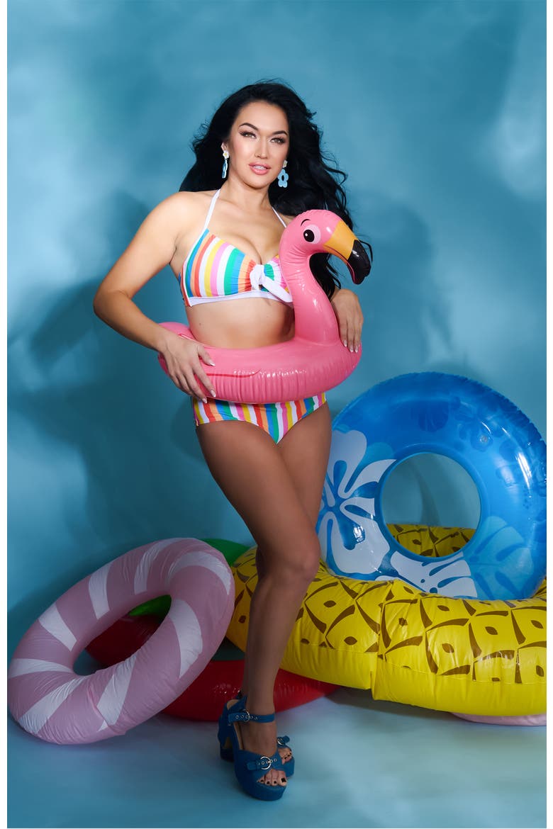 Bow Halter Swim Top, Alternate, color, Blue Rainbow Stripe