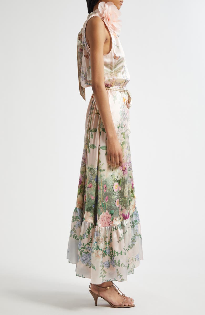Camilla Floral Appliqué Tiered Silk Charmeuse Maxi Dress, Alternate, color, 