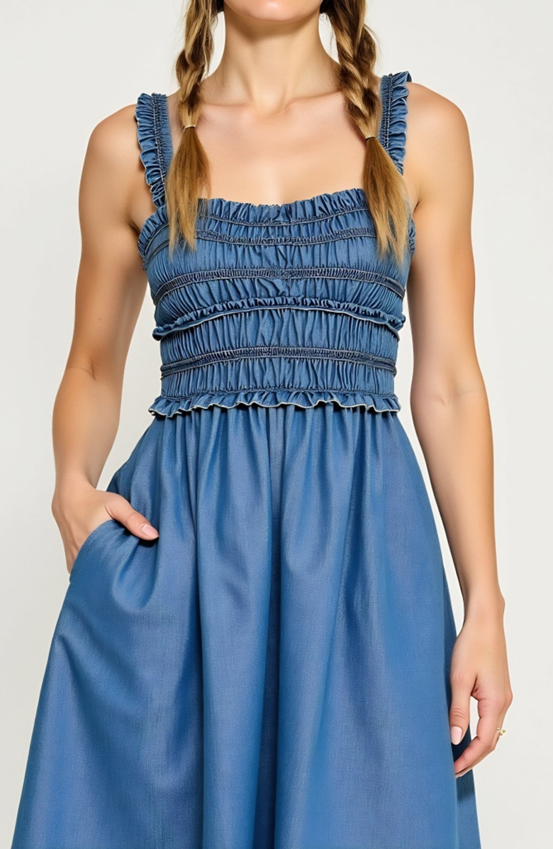 Modenaire Smocked Bodice Ruffled Straps Gathered Skirt Midi Dress, Alternate, color, Blue