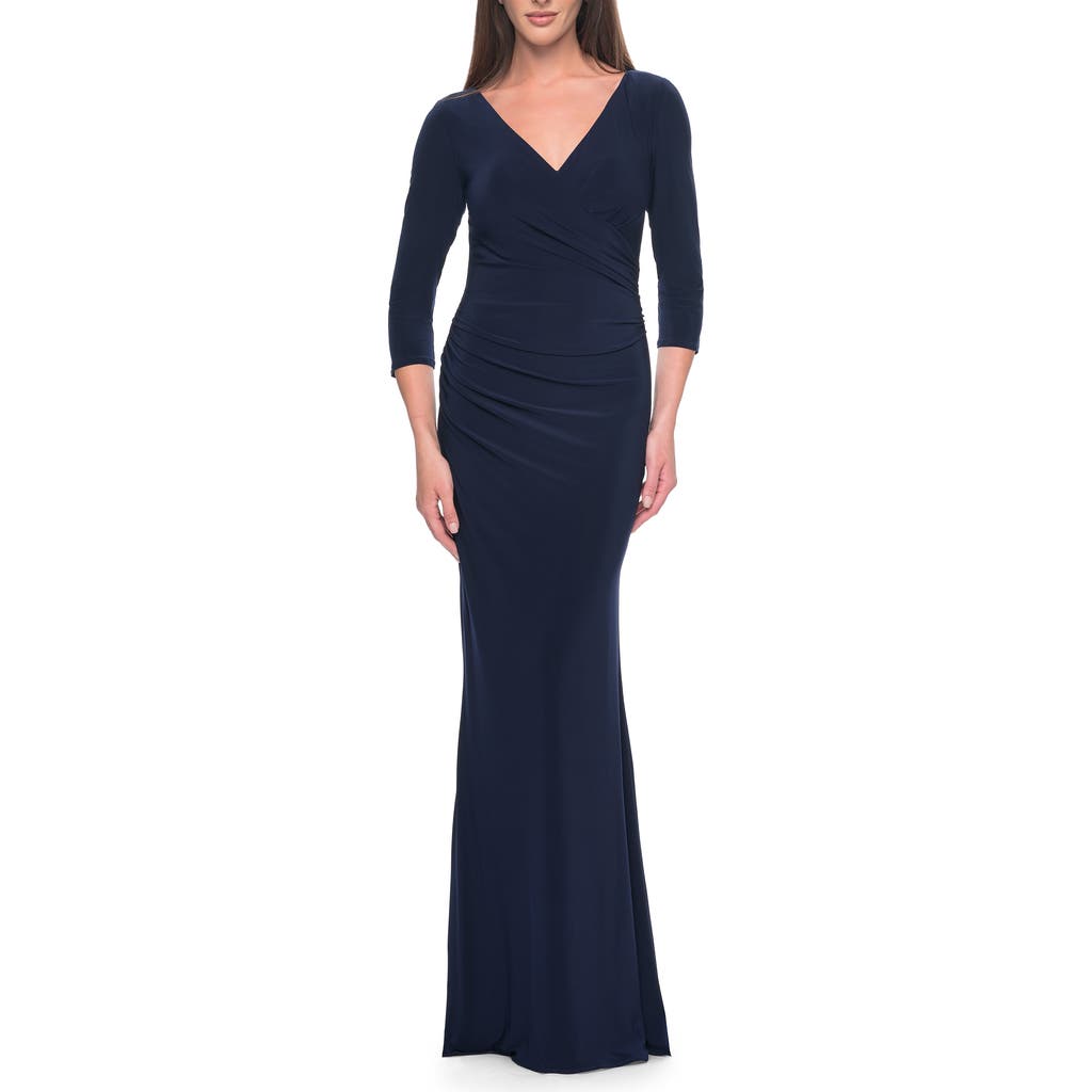La Femme Long Evening Dress With Wrap Style Neckline In Navy