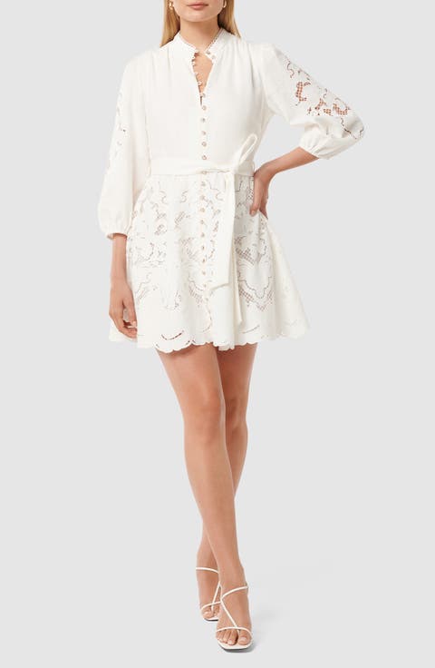 Embroidered Tie Waist Long Sleeve Mini Shirtdress