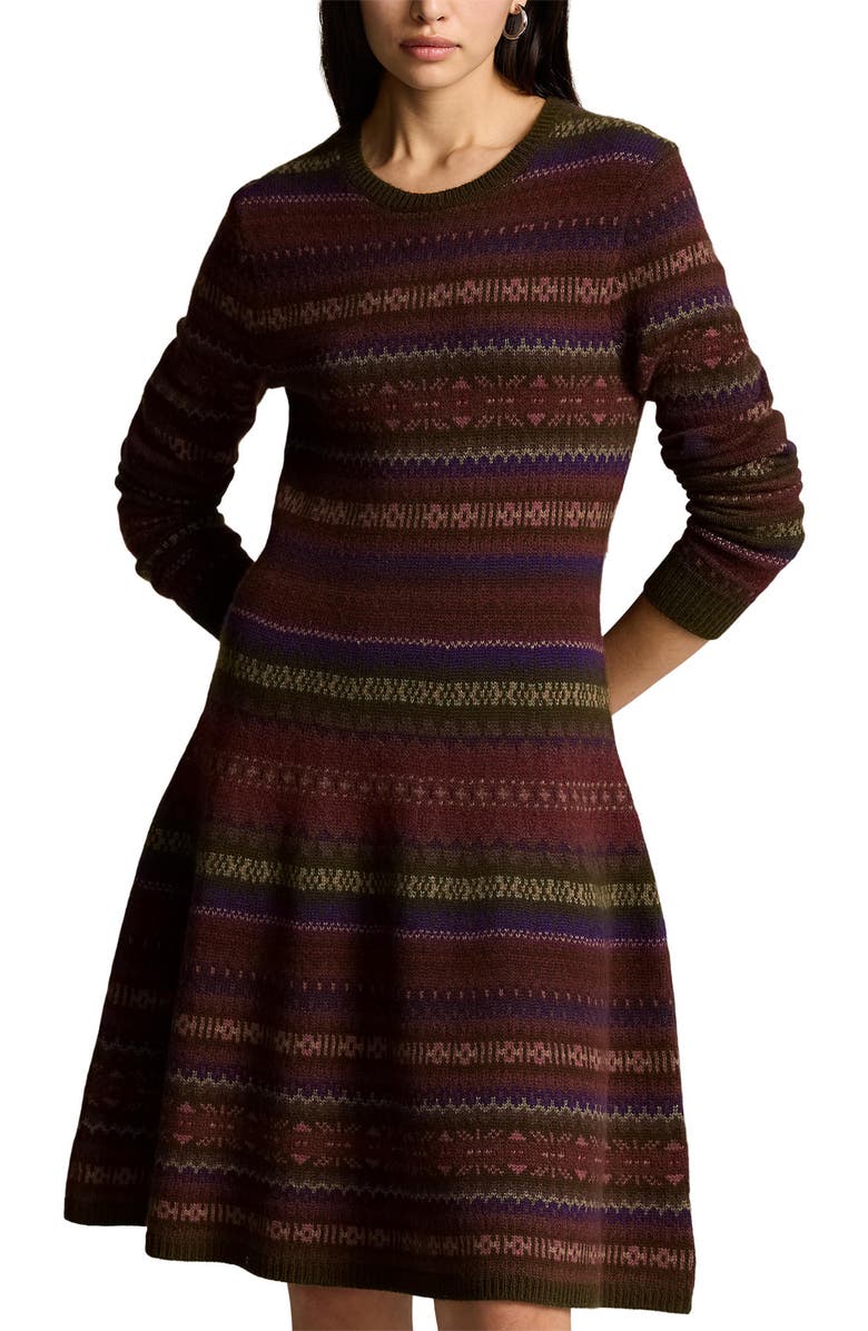 Ralph Lauren Fair Isle Long Sleeve Sweater Dress, Alternate, color, Olive Multi
