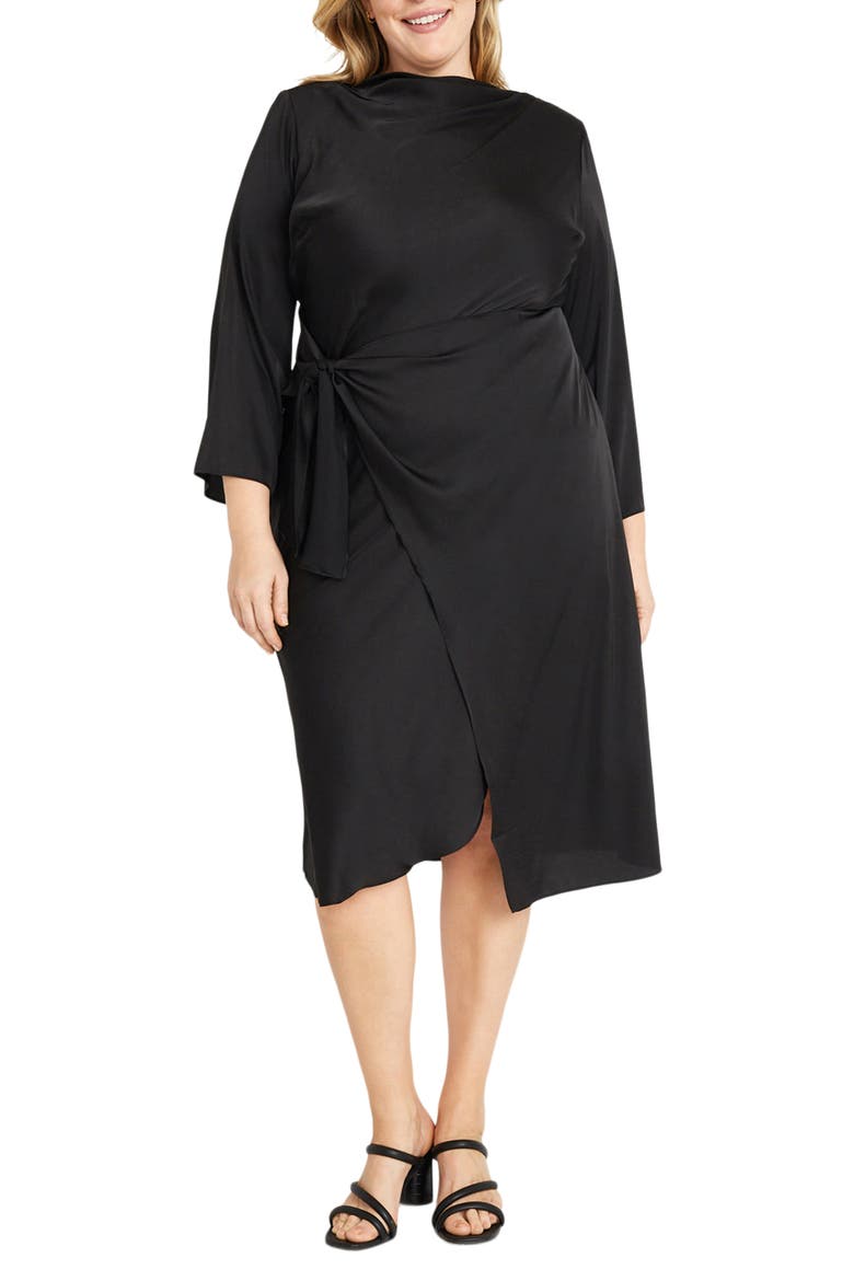 High Neck Long Sleeve Satin Faux Wrap Dress, Main, color, BLACK