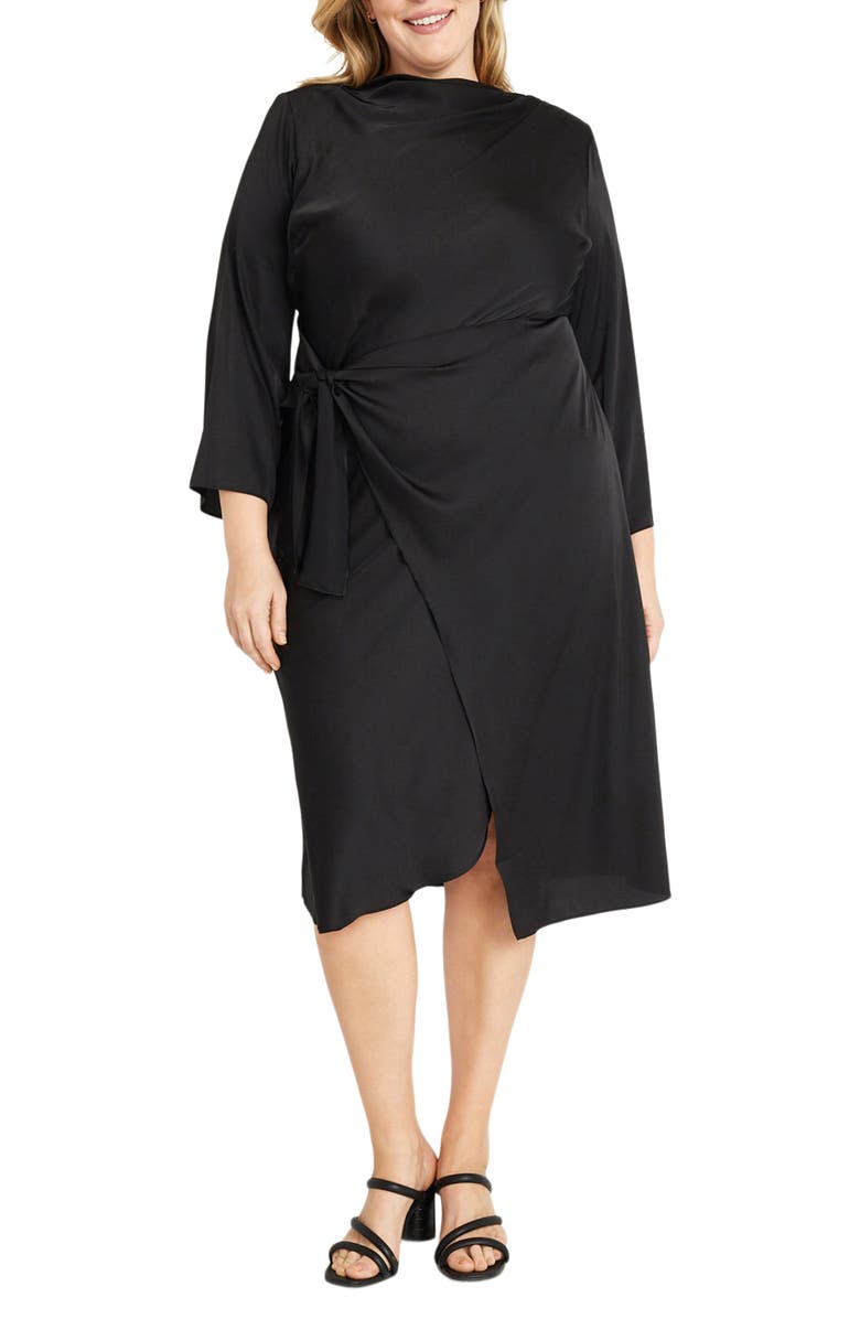 Donna Morgan High Neck Long Sleeve Satin Faux Wrap Dress, Main, color, Black