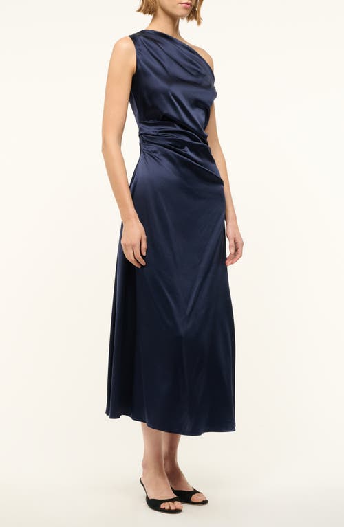 Staud Stretch-silk Asymmetric Phare Midi Dress In Navy