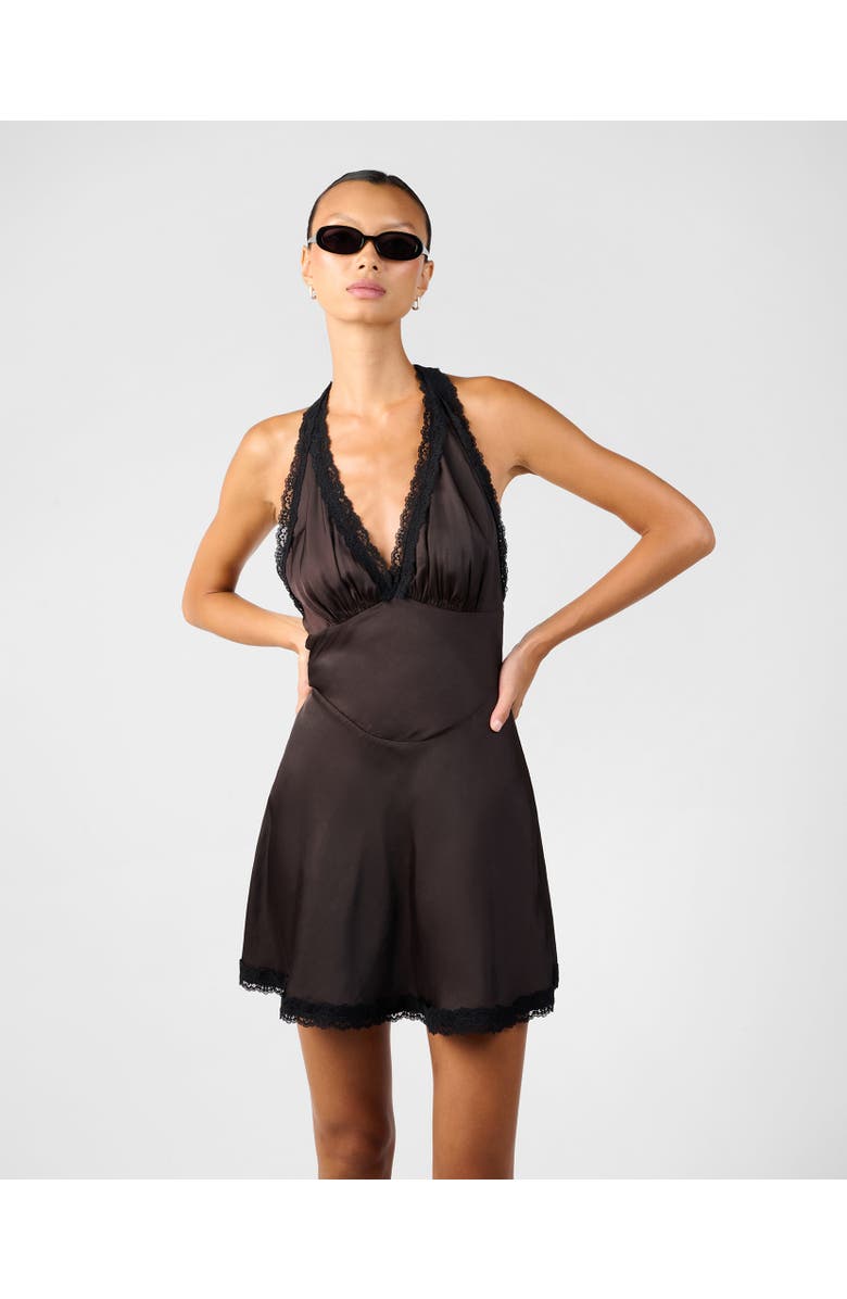 WeWoreWhat Halter Lace Mini Dress, Alternate, color, Dark Brwn/Blak