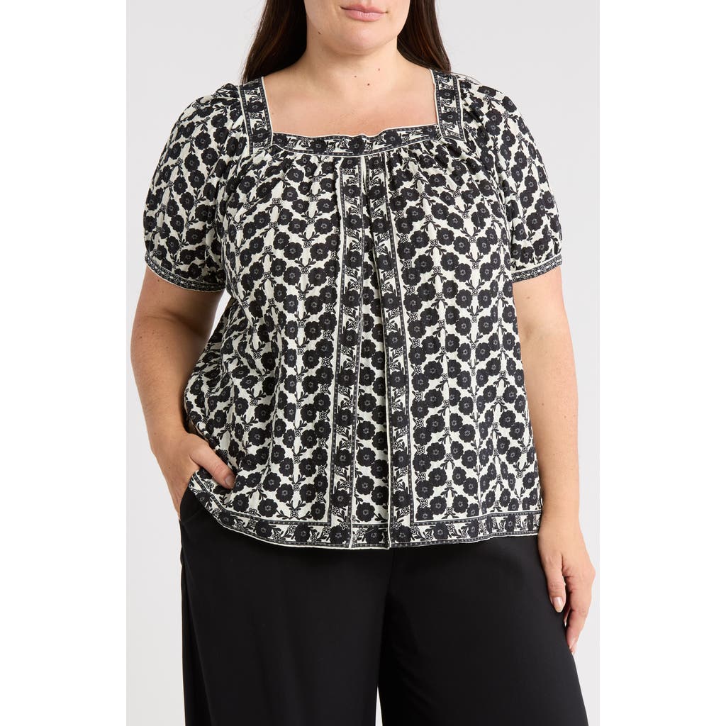 Max Studio Square Neck Puff Sleeve Cotton Blend Top