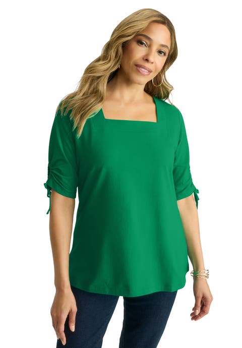 Stretch Cotton Tie Sleeve Square Neck Tee