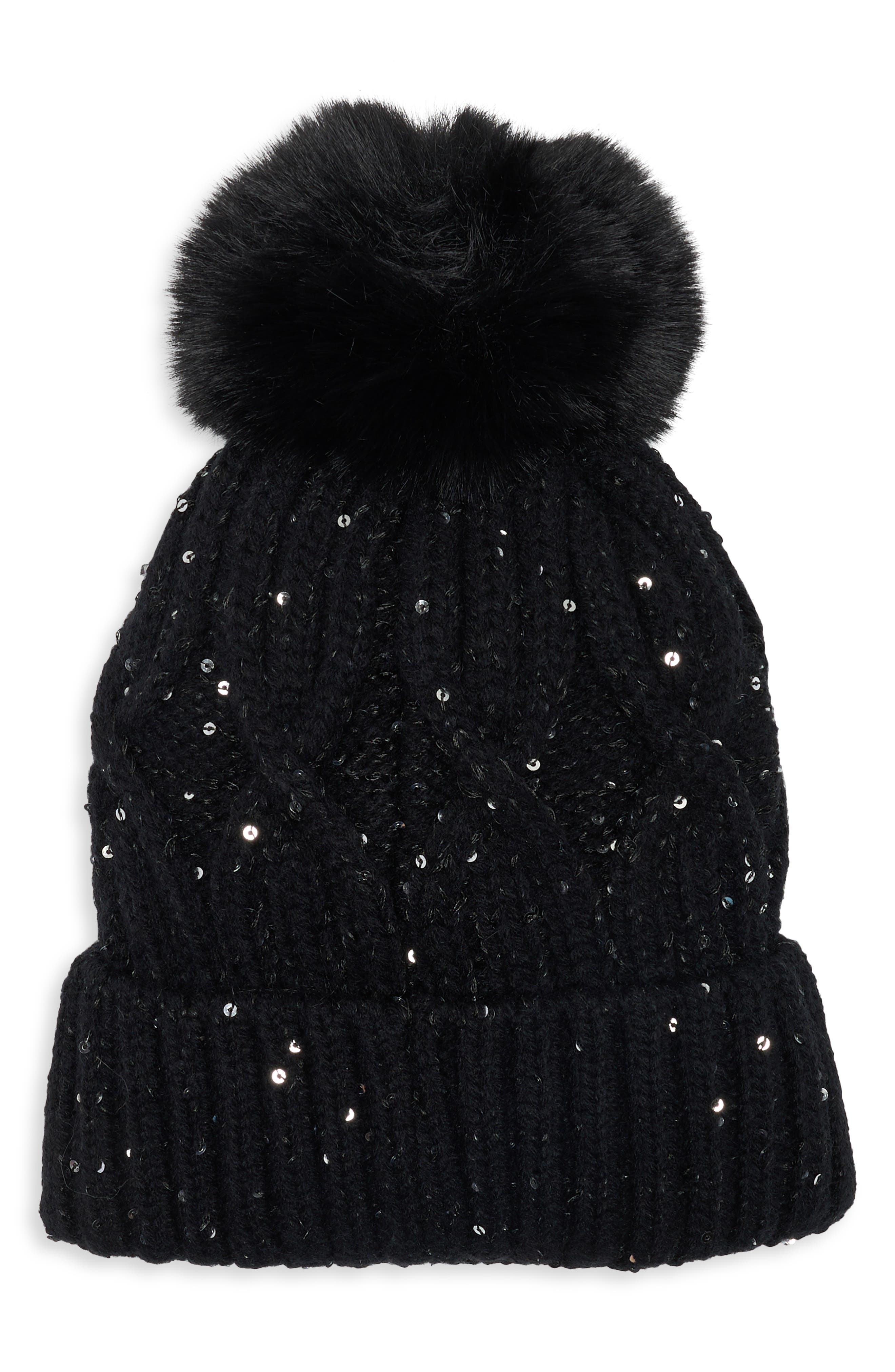 Sequin Cable Knit Pom Beanie
