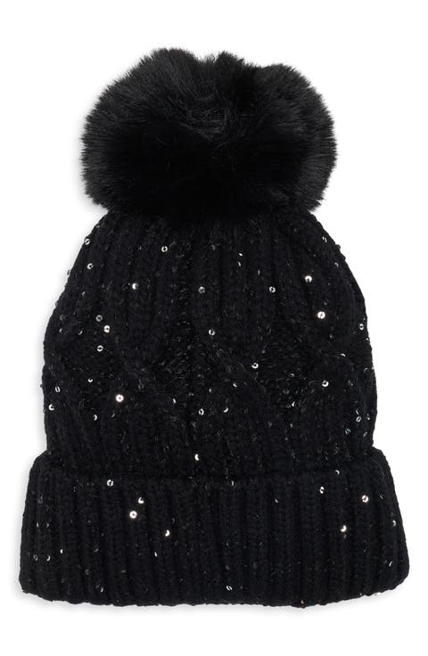 Sequin Cable Knit Pom Beanie