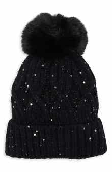 Sequin Cable Knit Pom Beanie