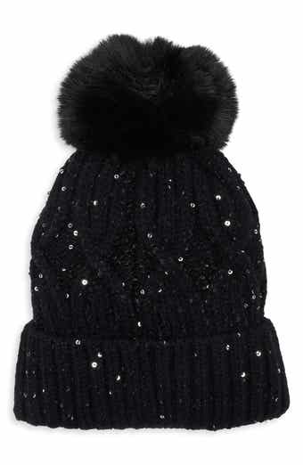 Sequin Cable Knit Pom Beanie