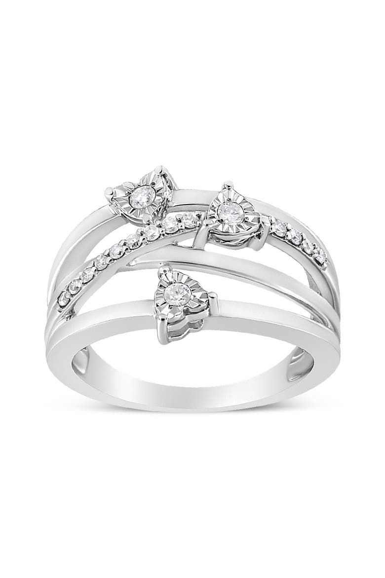 Silver 1/5 Cttw Miracle-Set Diamond Heart Cross-Over Bypass Ring, Main, color, Silver