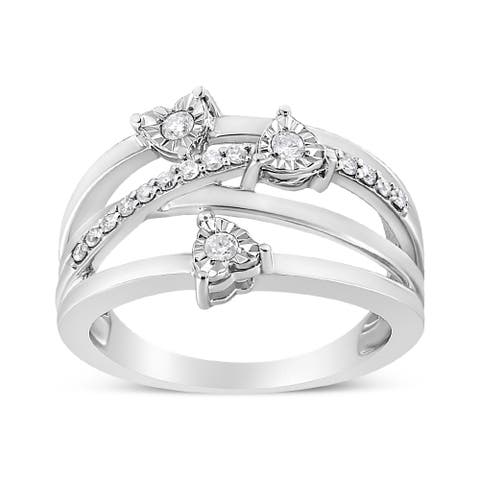 Silver 1/5 Cttw Miracle-Set Diamond Heart Cross-Over Bypass Ring
