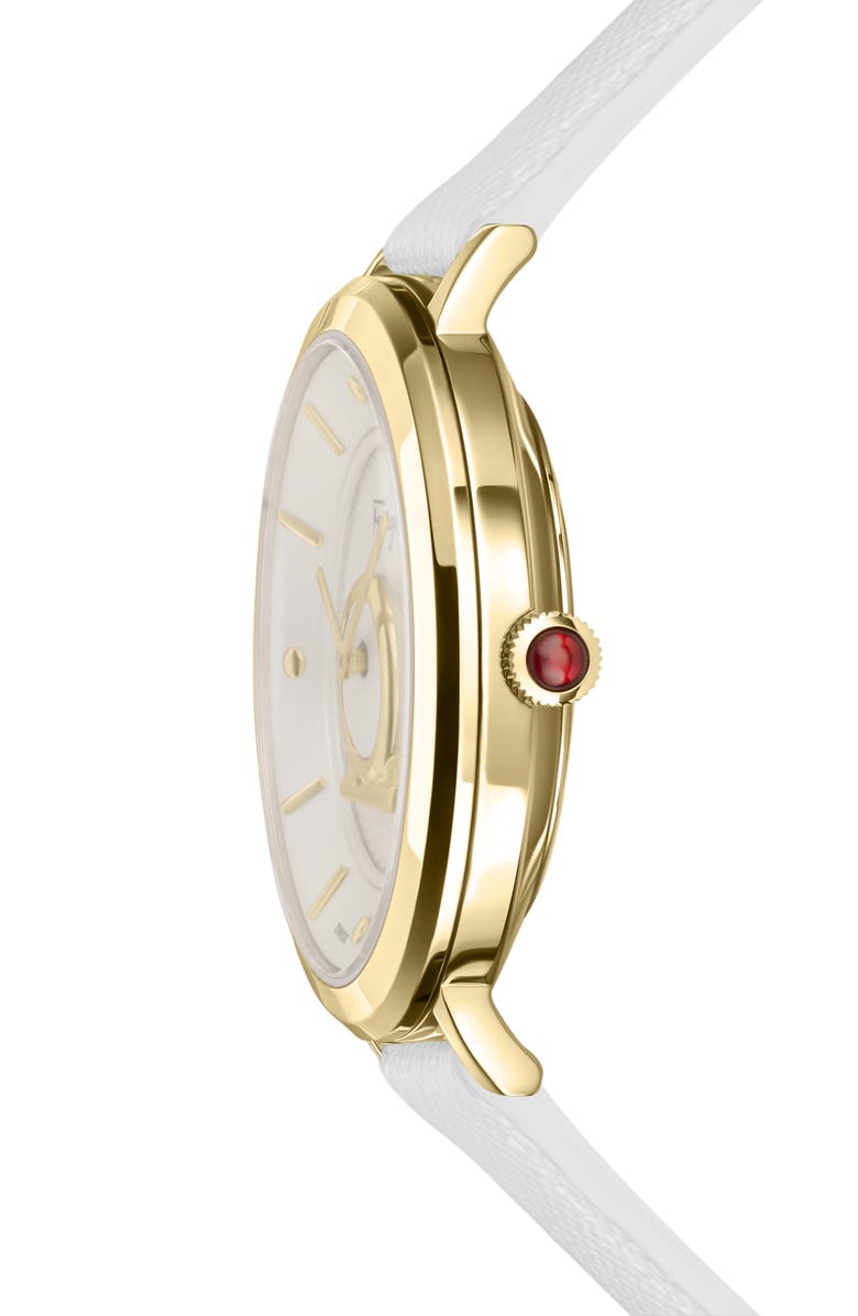 FERRAGAMO Minuetto Leather Strap Watch, 36mm, Alternate, color, Yellow Gold/White