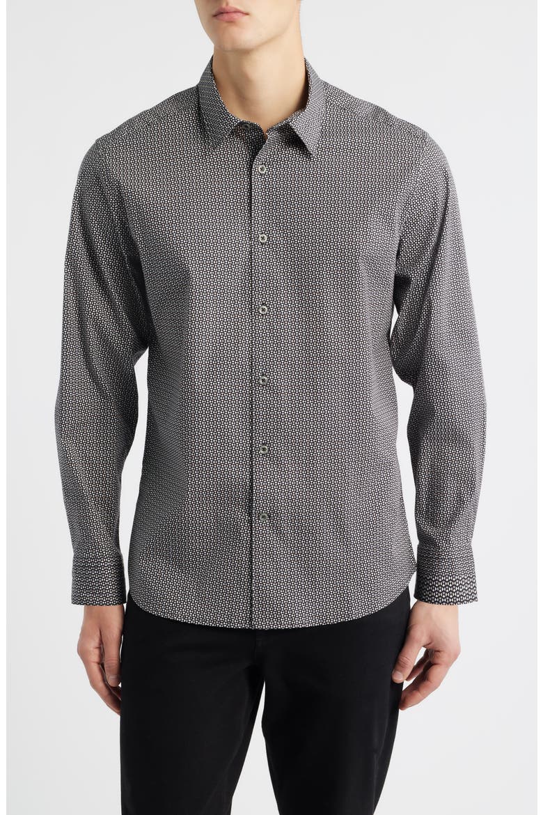 Oakley Modern Fit Microgeometric Print Stretch Cotton Button-Up Shirt, Main, color, BLACK