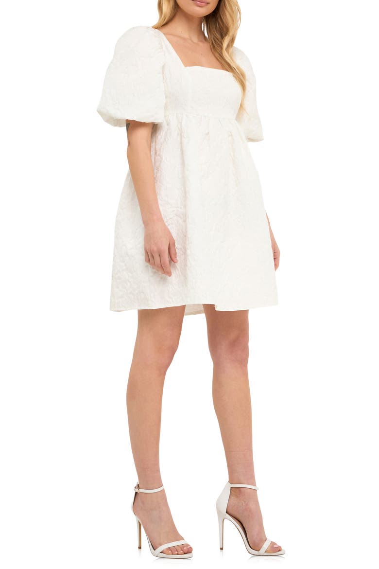 Open Back Floral Jacquard Puff Sleeve Minidress, Alternate, color, WHITE