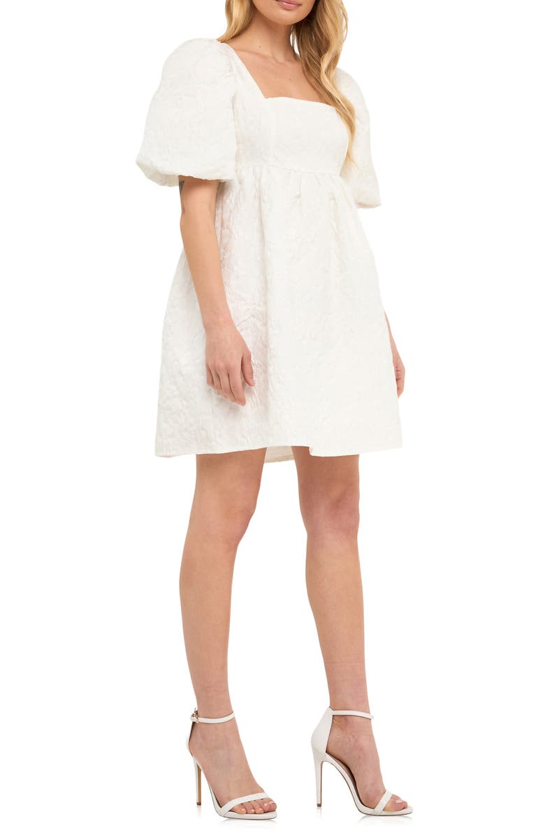 Endless Rose Open Back Floral Jacquard Puff Sleeve Minidress, Alternate, color, White