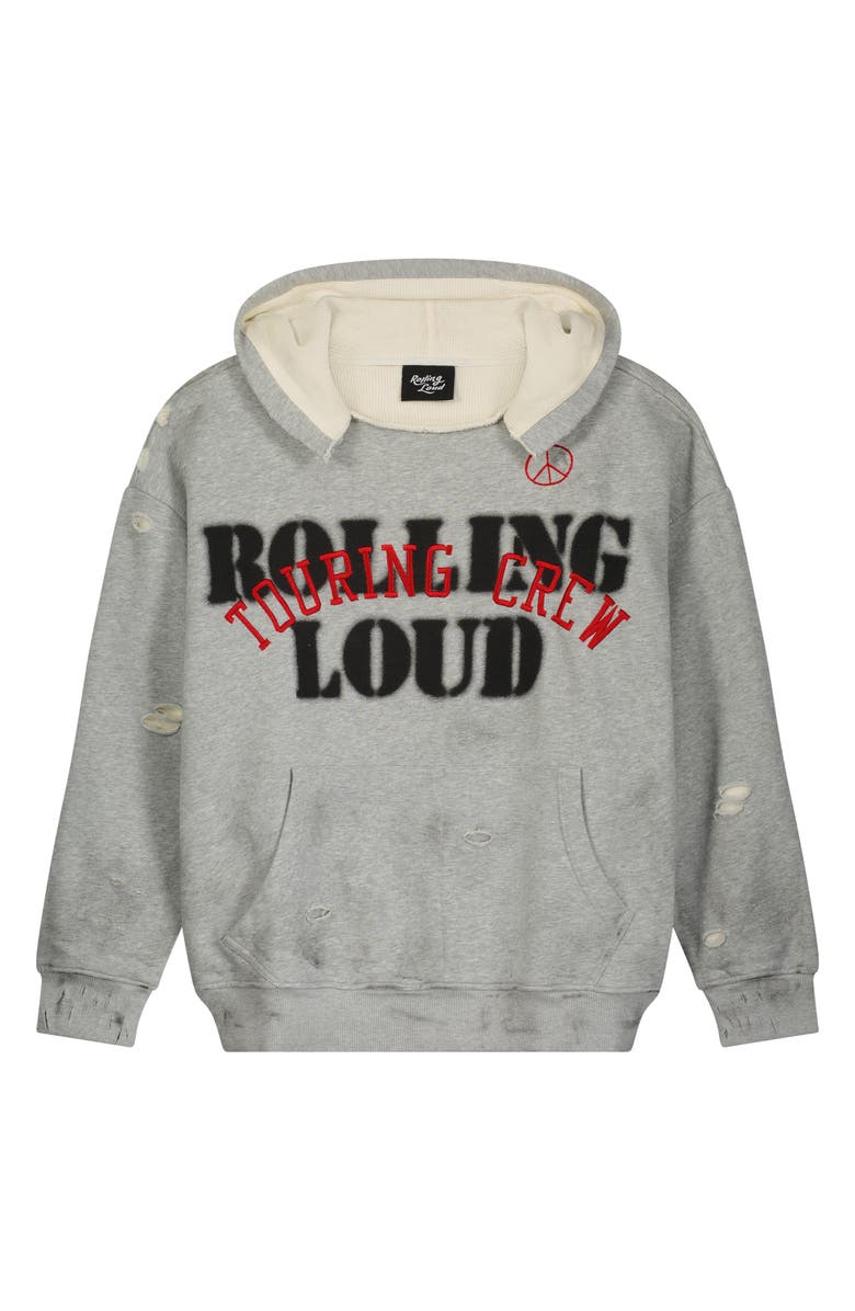 Rolling Loud RL Touring Crew Distressed Pullover Hoodie, Alternate, color, Heather Gray