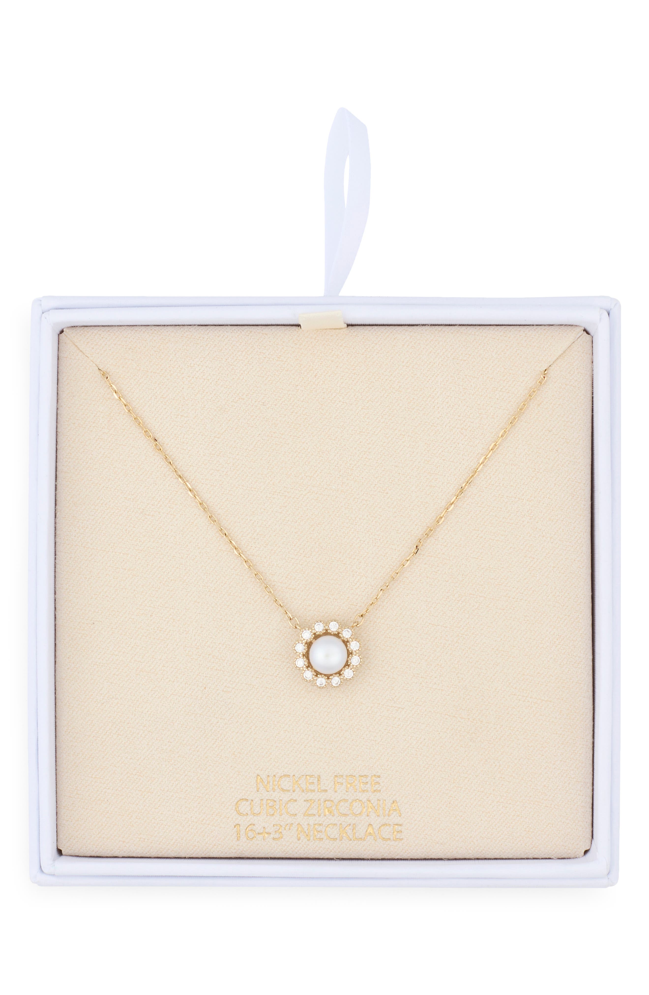 NORDSTROM RACK Faux Pearl Cubic Zirconia Halo Pendant Necklace