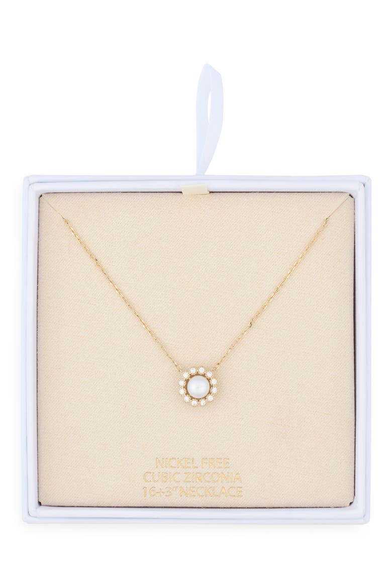 Faux Pearl Cubic Zirconia Halo Pendant Necklace, Main, color, CLEAR- WHITE- GOLD