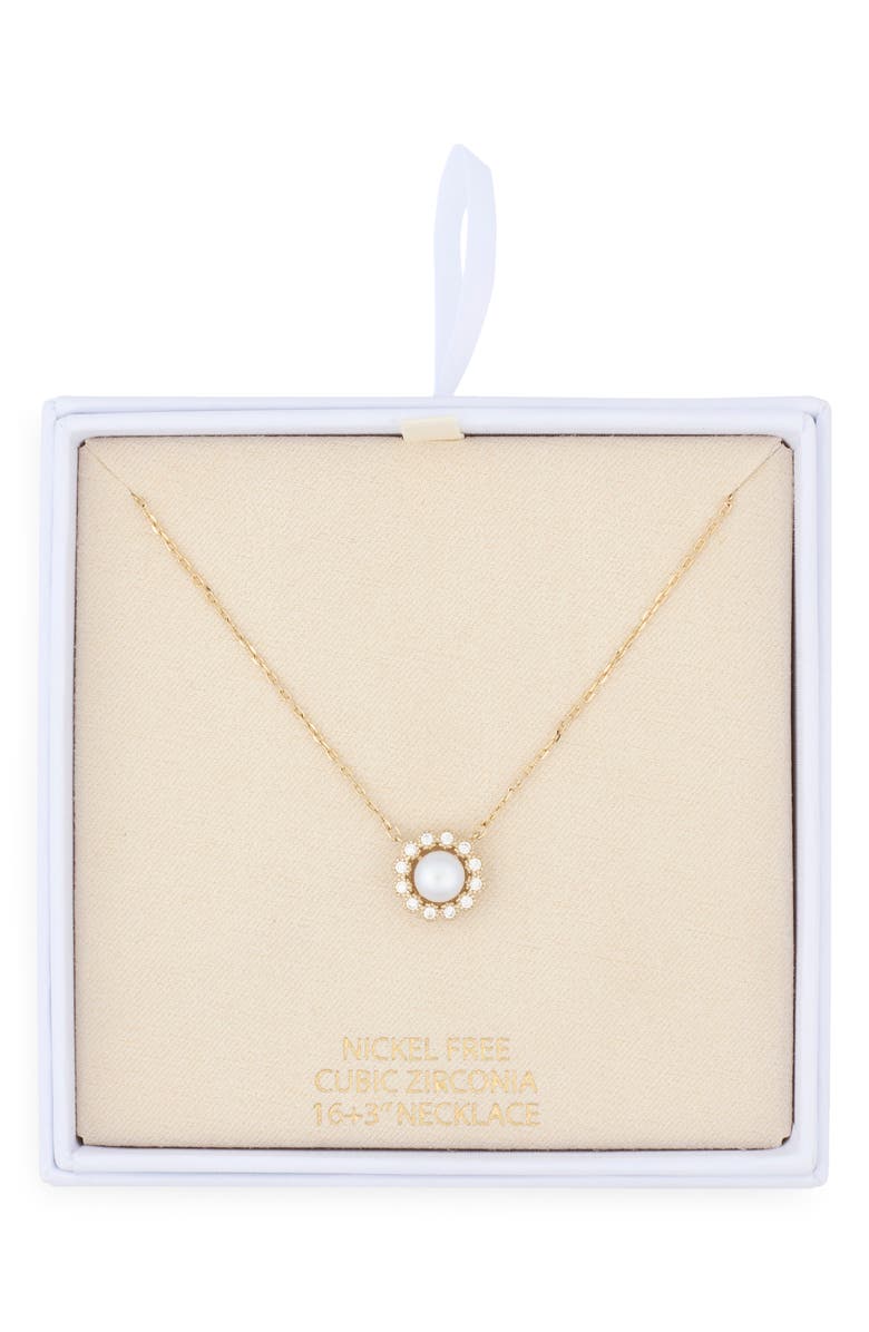 NORDSTROM RACK Faux Pearl Cubic Zirconia Halo Pendant Necklace, Main, color, Clear- White- Gold