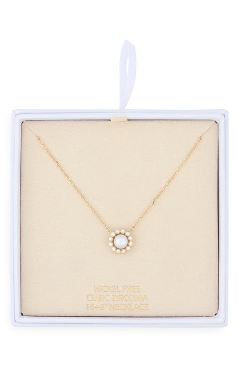Faux Pearl Cubic Zirconia Halo Pendant Necklace