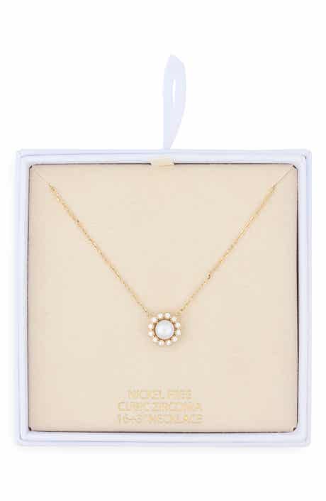 NORDSTROM RACK Faux Pearl Cubic Zirconia Halo Pendant Necklace