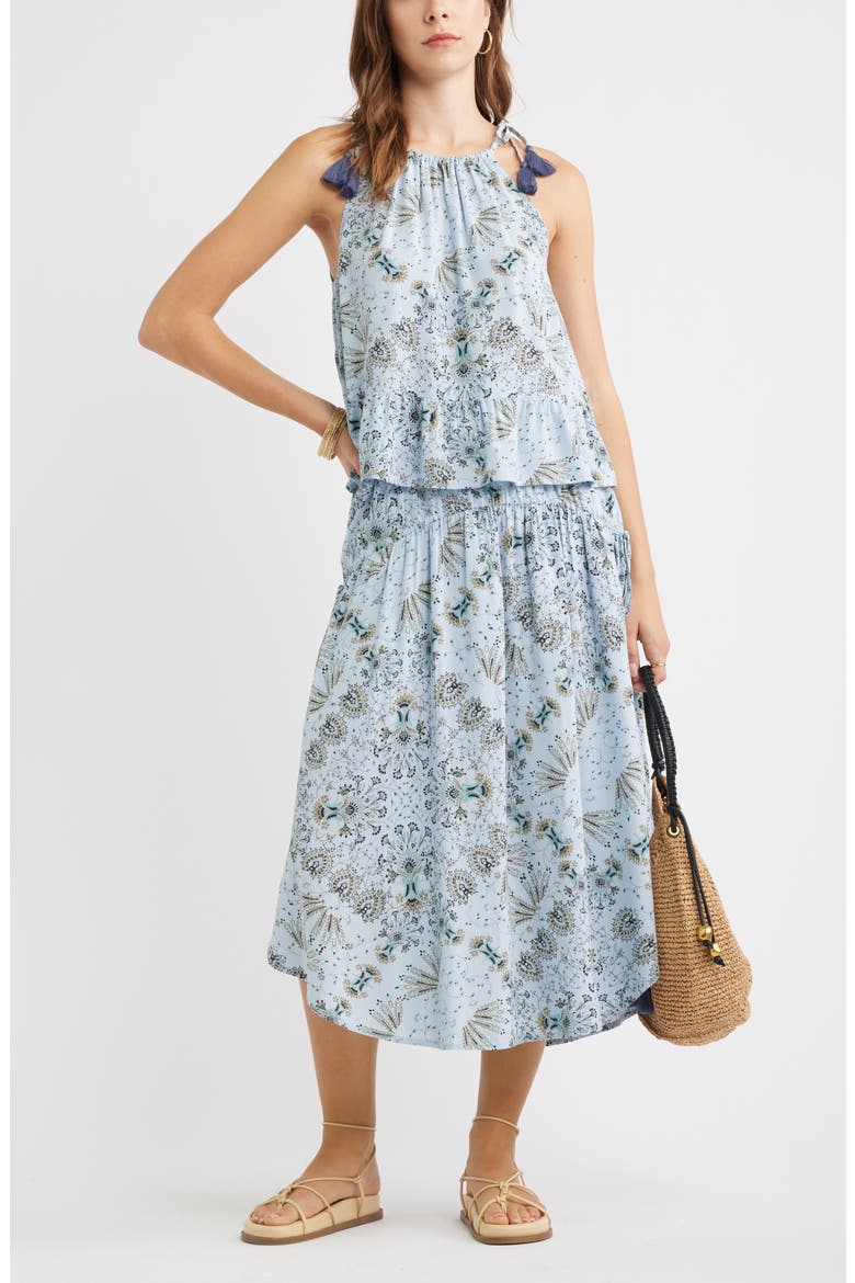 Scarf Print Drop Waist Midi Skirt, Alternate, color, BLUE- OLIVE SCARF FLORAL