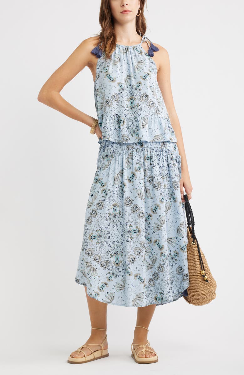 Treasure & Bond Scarf Print Drop Waist Midi Skirt, Alternate, color, Blue- Olive Scarf Floral