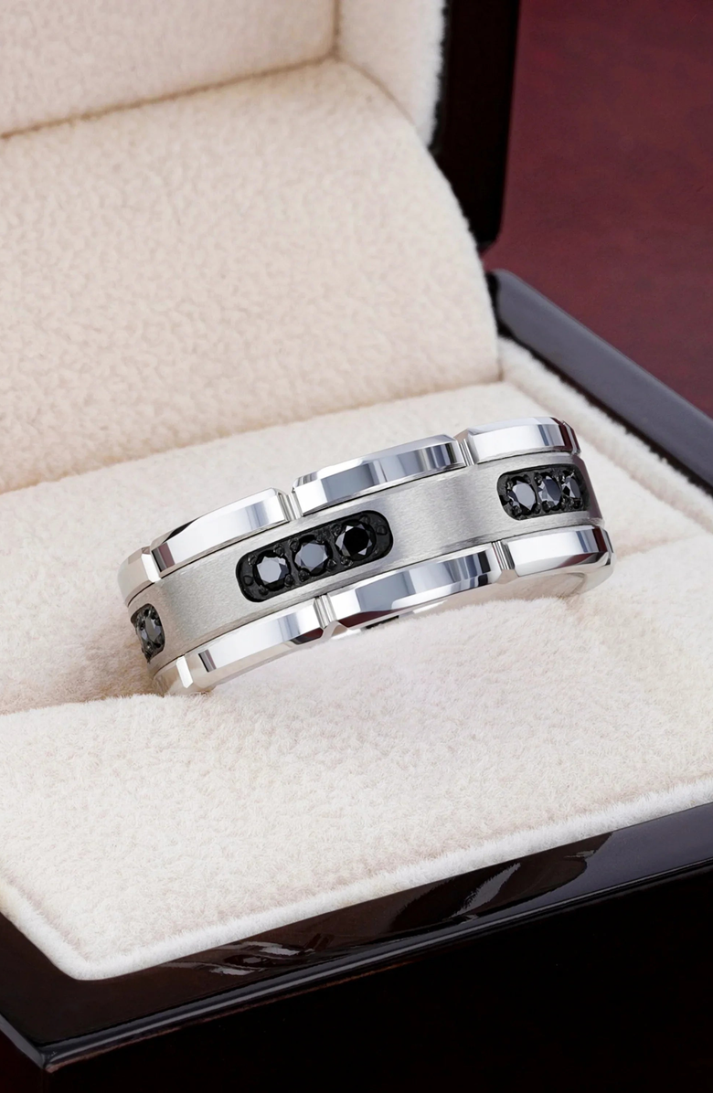 Larson Jewelers Valor Grooved Tungsten Wedding Band With Inlay and Diamonds, Alternate, color, Silver / Black 8Mm