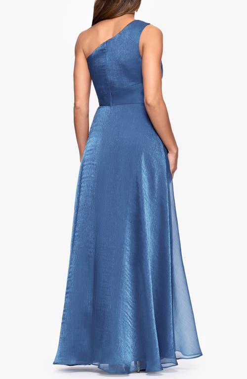 Xscape Evenings One-shoulder Metallic Organza Gown In Blue