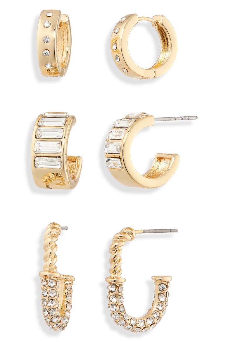 3-Pack Assorted Huggie Hoop Earrings, Main, color, CLEAR- GOLD