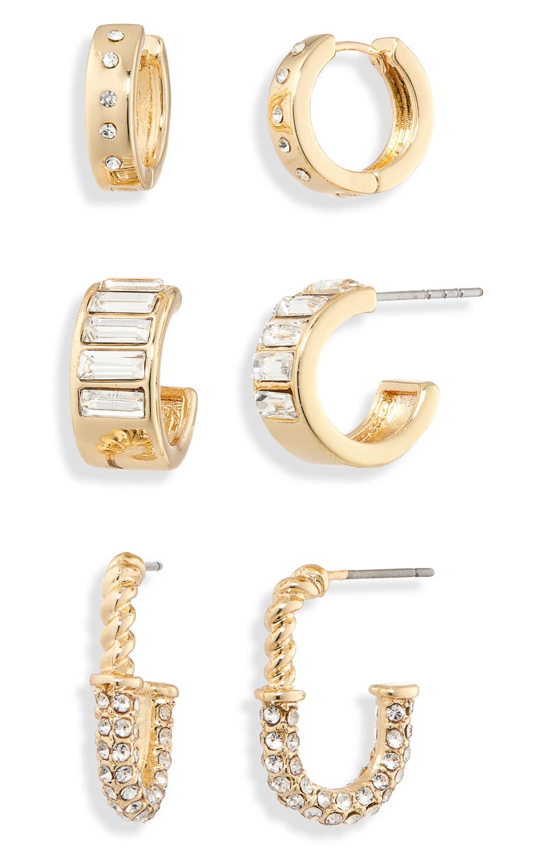 NORDSTROM RACK 3-Pack Assorted Huggie Hoop Earrings, Main, color, Clear- Gold