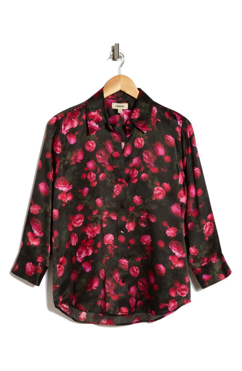 L'AGENCE Dani Rose Print Silk Button-Up Shirt, Main, color, Black/ Pink Rosa Chinensis