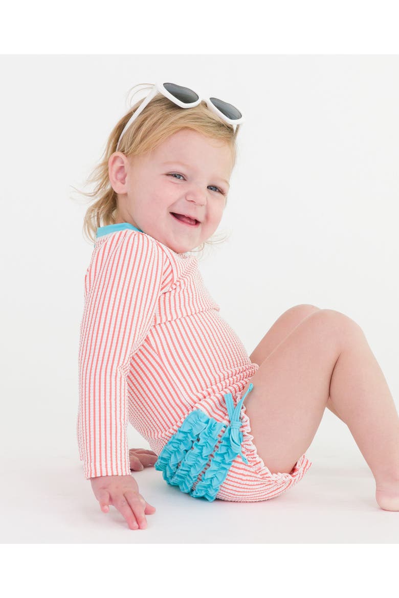 Girls Seersucker Long Sleeve Upf50+ One Piece Rash Guard, Alternate, color, Coral Seersucker
