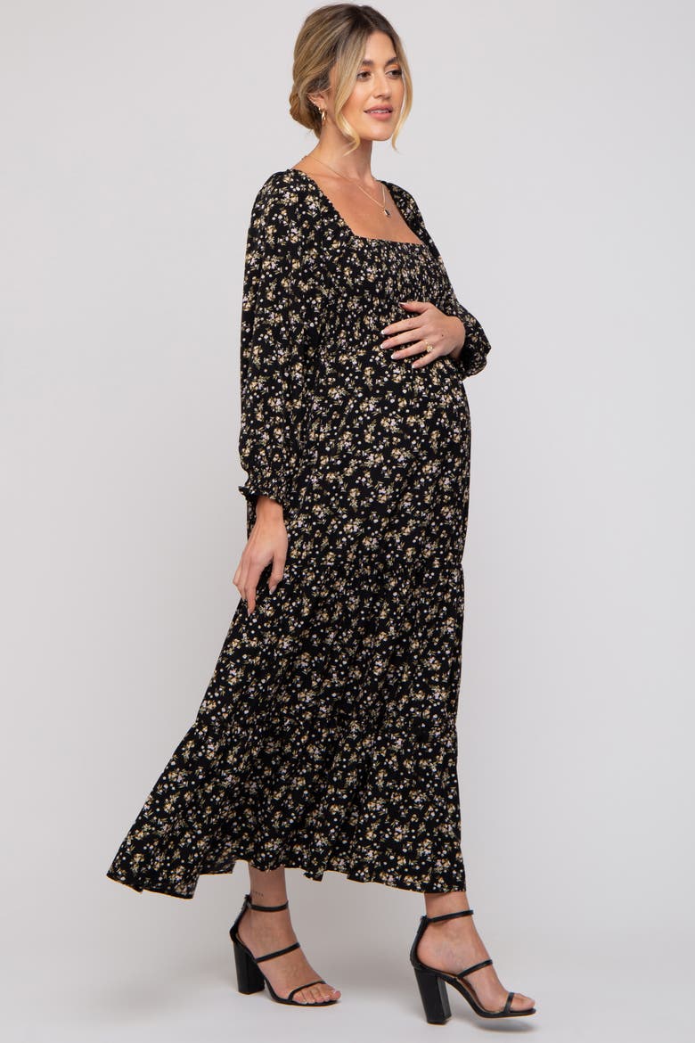 Floral Smocked Long Sleeve Maxi Dress, Alternate, color, Black