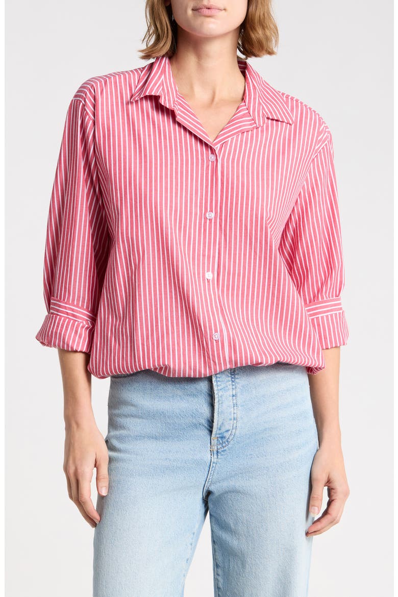 Marin Stripe Cotton Crop Bubble Hem Shirt, Main, color, CURRANT RED