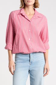 beachlunchlounge Marin Stripe Cotton Crop Bubble Hem Shirt