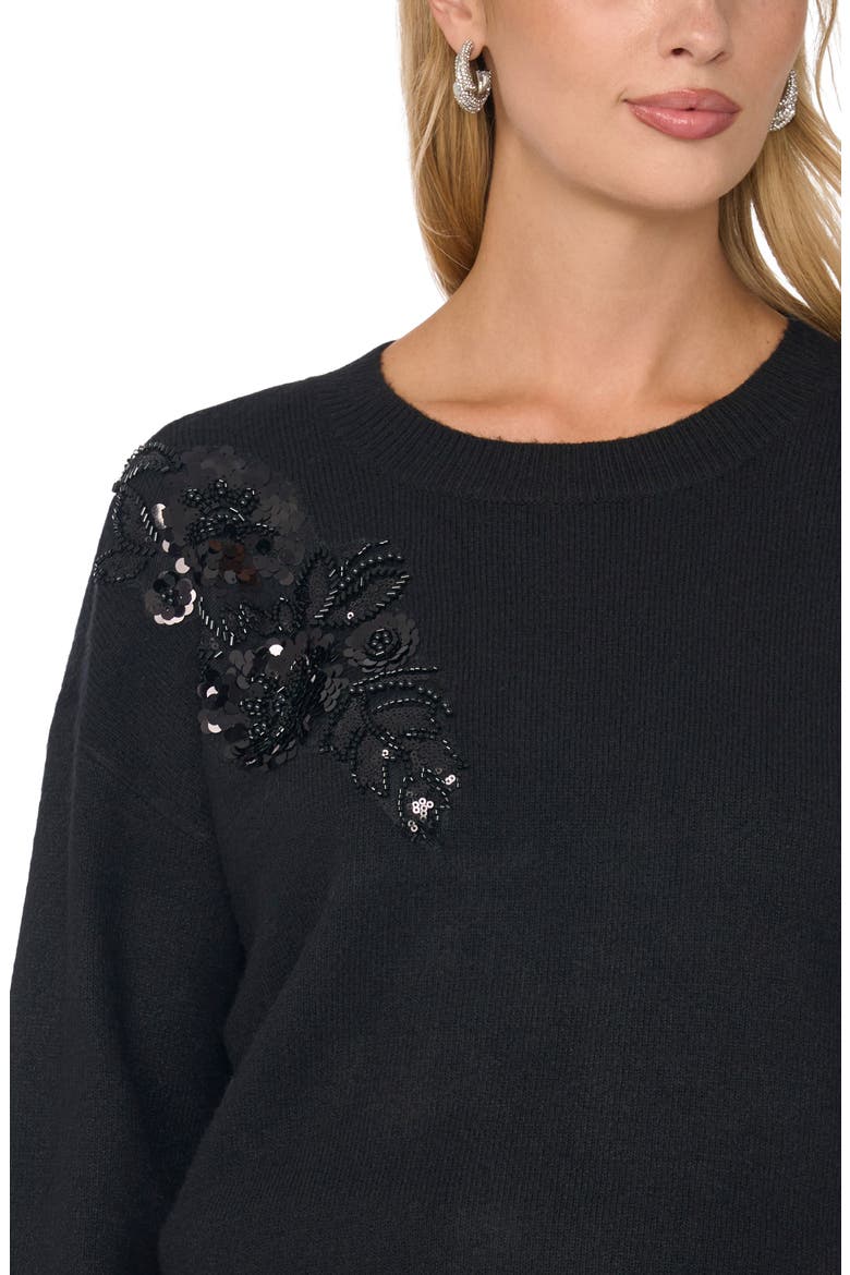 Floral Embroidered Sequin Appliqué Crewneck Sweater, Alternate, color, RICH BLACK